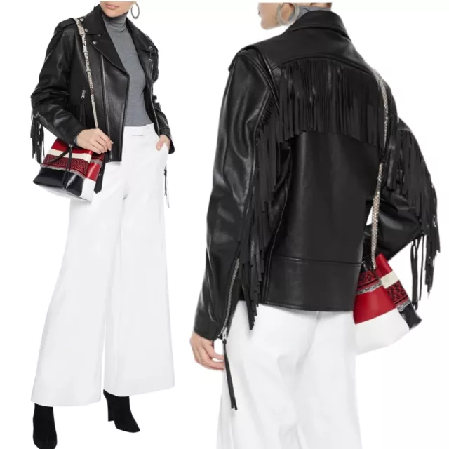 NWT Nili Lotan Rebel Leather Moto Jacket Fringed Back Black Women Size XS $1960