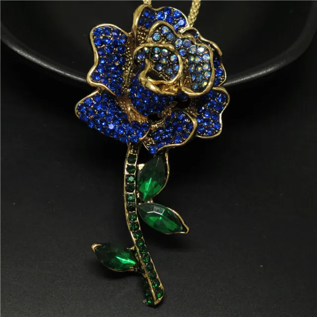 New Fashion Lady Blue Rhinestone Rose Vintage Crystal Pendant Women Necklace
