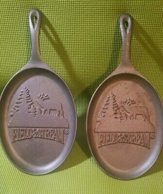 2 X Matching Field and Stream Decorative Cast Iron Pans - Rustic