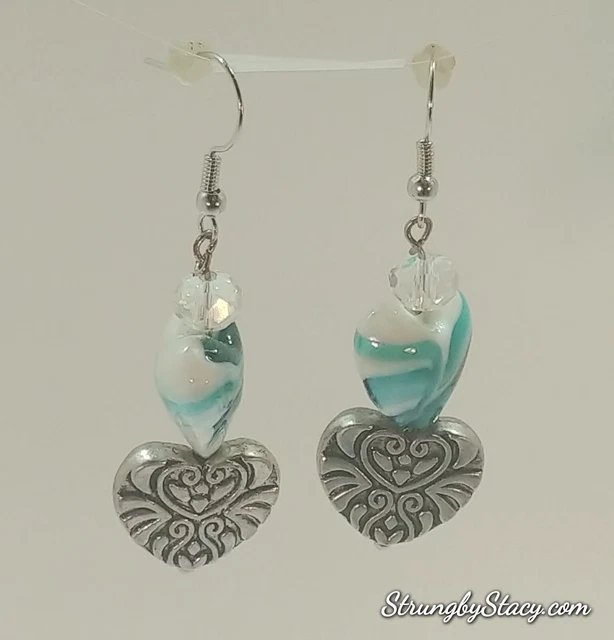 Bold Two Hearts one Fancy Green Glass & one Etched Silver Dangling Earrings.