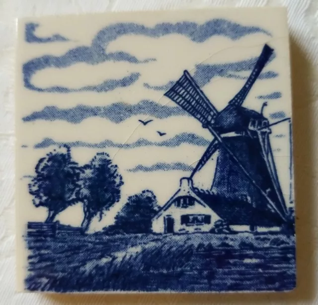 Handpainted Delft Blue Miniature Tile Featuring Windmill And Cottage