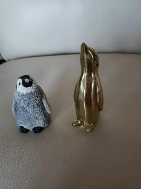PAIR of PENGUINS! Solid Brass Upright Penguin, Chubby Resin Gray Penguin, 2 Cute