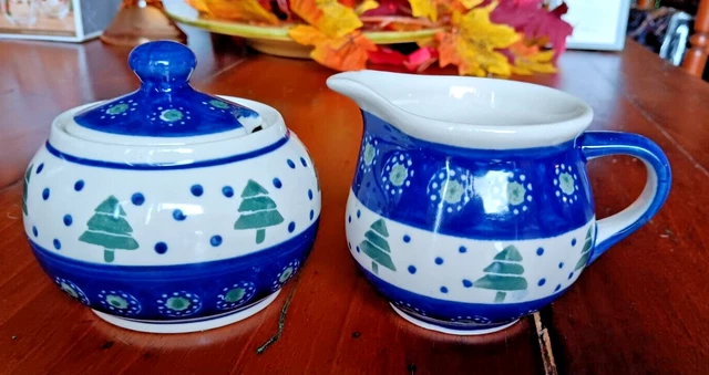 Boleslawiec polish pottery Christmas Trees Sugar and Creamer Mo Mo Panache