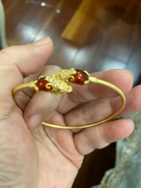 Flexible New Highend*Rare*Gorgeous Red Carnelian Gold S925 Bangle Bracelet