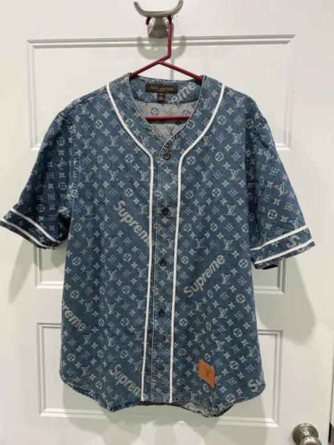 Supreme × LOUIS VUITTON 17AW Jacquard Denim Baseball Jersey Louis Vuitton  Jacquard Denim Baseball Shirt Monogram Indigo Blue S Indigo