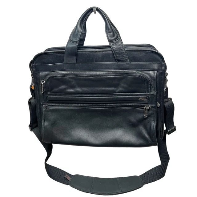 Tumi Alpha Series Black Leather Crossbody Portfolio Laptop Briefcase Travel Bag