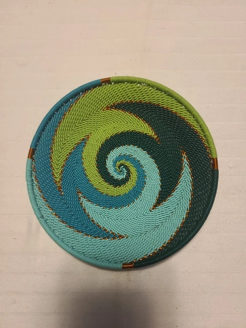 Handmade Woven Zulu Telephone Wire Basket South Africa Multicolor Green - 5 3/4"