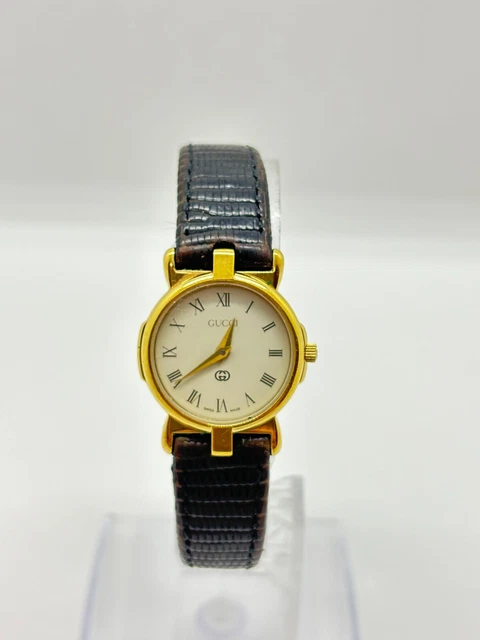 EXC 5 GUCCI 3400L 18K Gold Plated Black Leather Quartz Watch Women s Used 111.26 PicClick UK