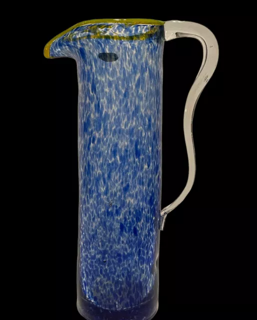 NOUVEAU HANDCRAFTED Mottled Blue Art Glass Pitcher/ Vase w/ Yellow  Rim