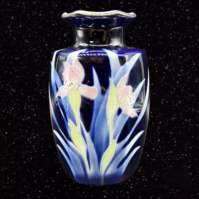Vintage Pier 1 Cobalt Blue Vase w Pink White Flowers Japan Marked 7”T 3”W