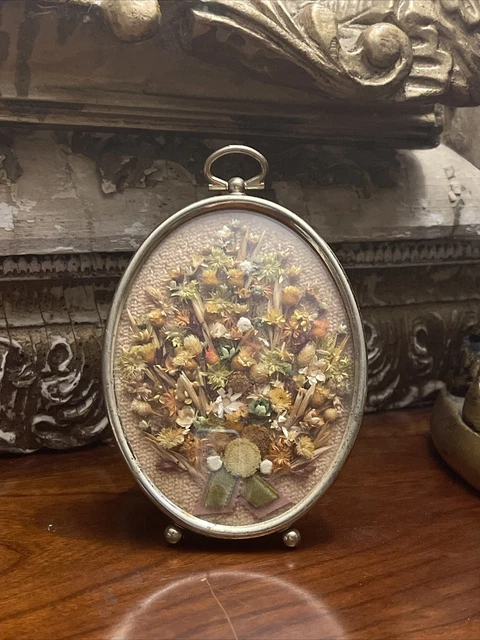 Vintage Dried Pressed Flowers Ornate Brass Oval Frame Victorian Wall Art Boho