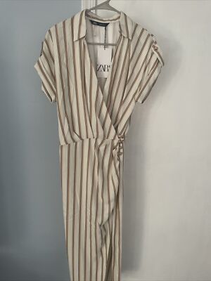 Zara Side Button Long Shirt Dress Size Xs Collared Cuffed Sleeve. New