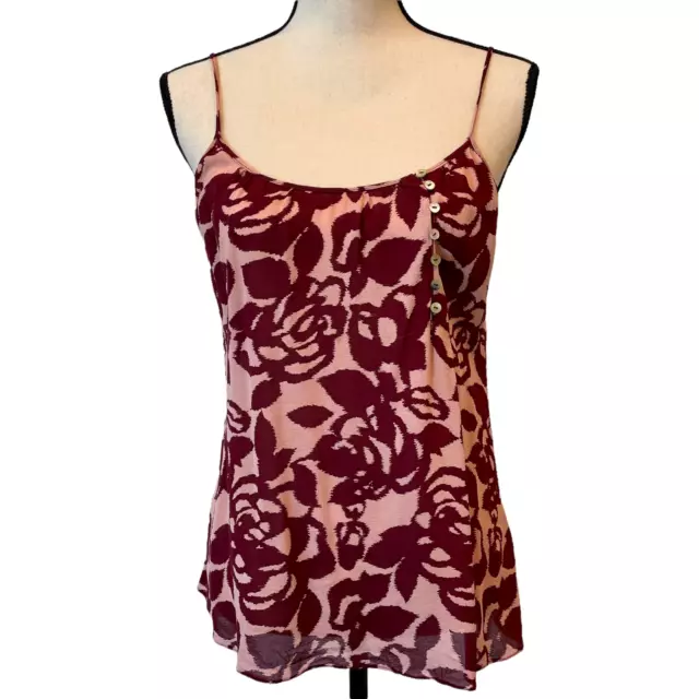 Brochu Walker Womens Tank Top Maroon Pink Floral Print Silk Sleeveless Buttons S