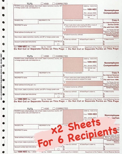 2022 (FILLABLE), IRS Tax Forms 1099NEC, 2 Sheets for 6 Recipients