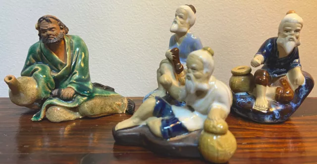 4 Oriental Mud Clay Porcelain Japanese Chinese Glazed Figurines Vintage
