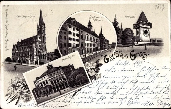 Litho Graz Steiermark, Herz Jesu Kirche, Landhaus, Rathaus,... - 10688449