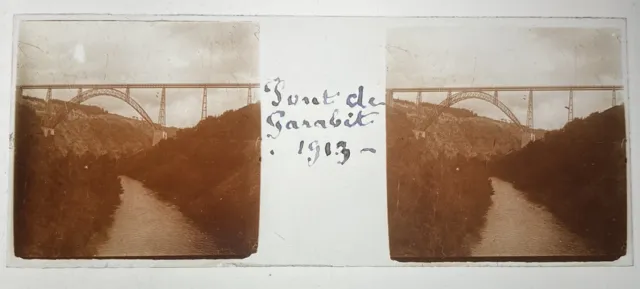 1913 GARABIT HIGHWAY BRIDGE PHOTO GLASS PLATE 45x107 STEREOSCOPIC VIEW