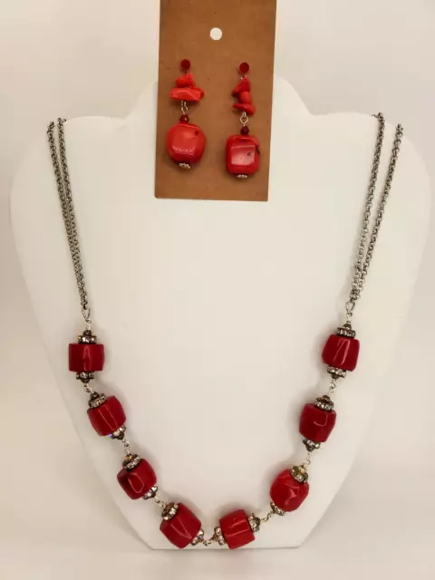 Bamboo Coral & crystal Bead long chain matching earrings set Adjustable