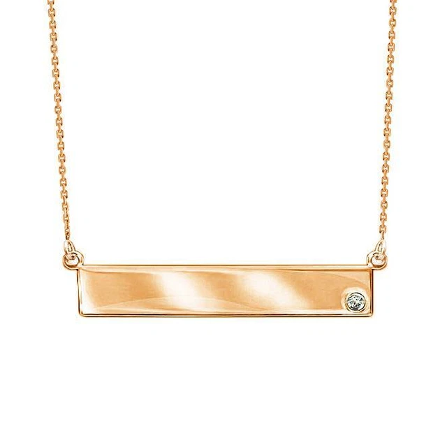 14K Rose Gold Bar Necklace Adjustable Chain 16 - 18 inch Small Diamond Accent