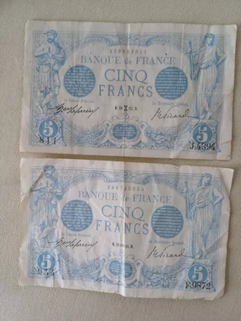 France , 2 Billets 5 Francs Bleu 1916 série F 9872 , 1915 série J 4394