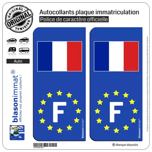 2 Autocollants plaque immatriculation : F France Drapeau - Identifiant Européen