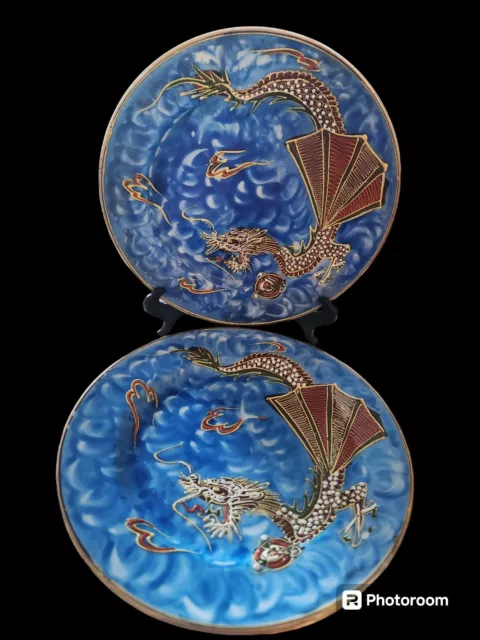 Vintage 7" BLUE Hand-painted Dragonware Japanese Dragon Plates | Set of 3