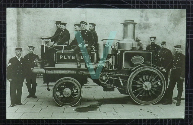 Antique Glass Magic Lantern Slide -Plymouth Fire Brigade With Steam Fire Engine