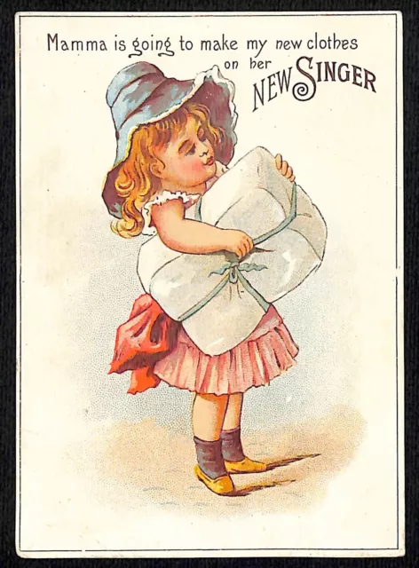 New Singer Sewing Machine Victorian Trade Card - Girl w/ Package of Cloth ?
