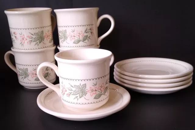 Set of 5 Staffordshire Tableware Cups & Saucers Green & Red Floral Design