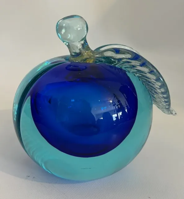 VTG Barbini Murano Art Glass Sommerso Apple Blue Teal Bookend Paperweight S022