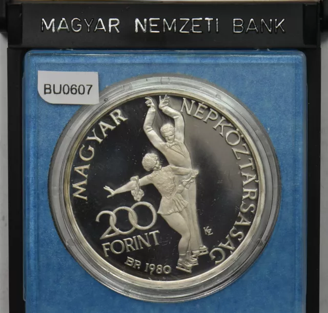Hungary 1980 200 Forint Proof Silver Lake Placid winter olympics ice skaters. In