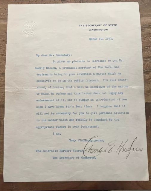 Charles Evan Hughes Typed Letter Signed as Secretary of State to Herbert Hoover