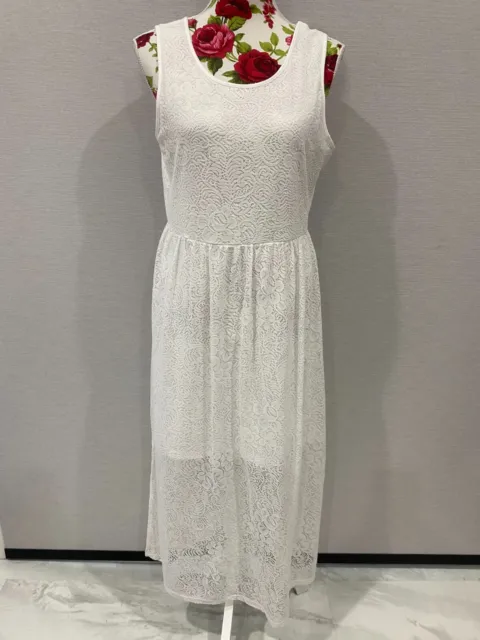 Miss Shop White Lace Overlay Midi Sleeveless A-Line Dress Size 14