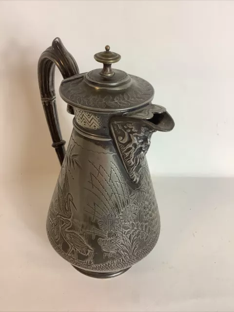 Silver Plated Ornate Water Jug With Engraved Crane Pattern 20thc #k 2