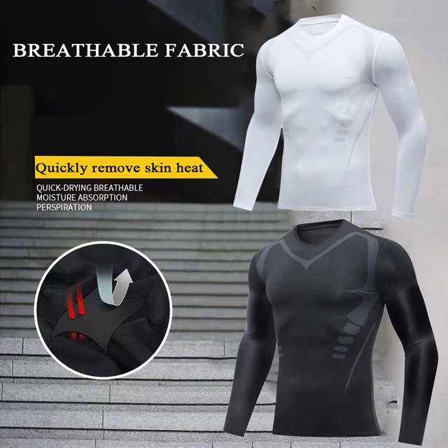 T-Shirt Da Uomo A Maniche Lunghe Pullover Camicie Di Controllo Fitness Top ^