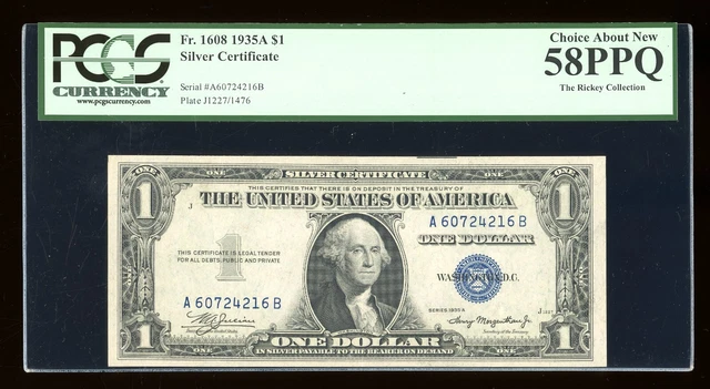 DBR 1935-A $1 Silver Fr. 1608 AB Block PCGS 58 PPQ Serial A60724216B