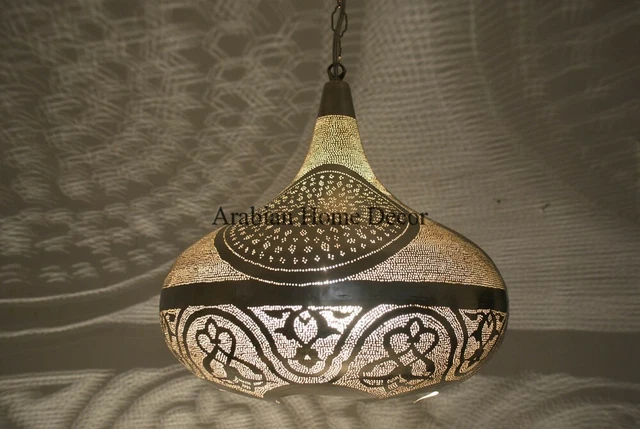 Moroccan Silver Plated Brass Hanging Pendant Lamp Lantern Ceiling Light Fixture