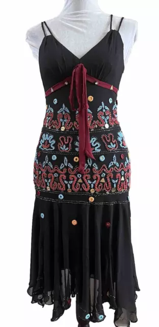 SUE WONG NOCTURNE Vintage Boho Southwest Turquoise Beaded Size 4 Silk Dress $328