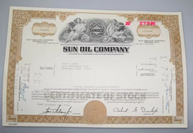 Historisches Wertpapier Aktie Sun Oil Company 279 Shares 1968 112