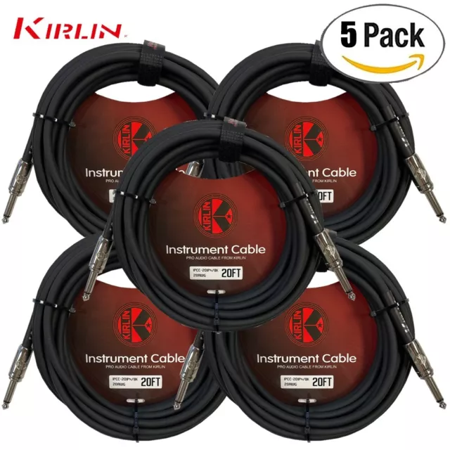 5-PACK Kirlin 20FT 1/4" Mono Plug To Same 20AWG Instrument Cable Black