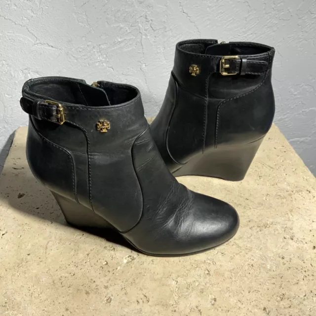 Tory Burch Black Leather Milan Wedge Bootie Belted Gold Logo Shoe 5 M