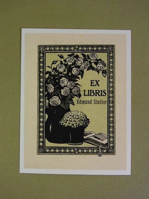 Rudolf Oeffinger: Exlibris für Edmund Stadler. Motiv: Blumen in Vasen und Buch