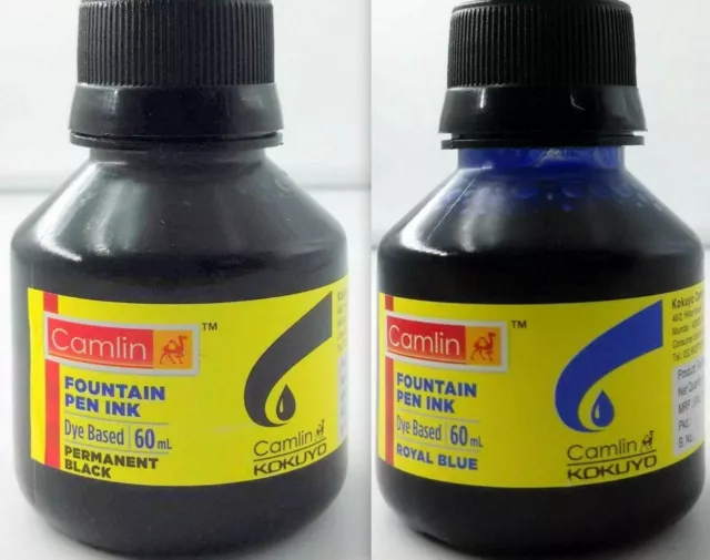 2 Camel Fountain Pen Ink BLACK BLUE Bottles 60 ml 2 oz Camlin 2 qty New Sealed