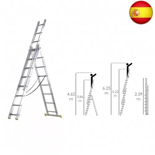 Escalera Aluminio 3 Tramos 9+9+9 Peldaños.Plegable, Telescópica, A 2