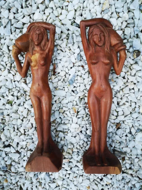 Magnifique Paire De Statues Sculptures En Bois Femmes Nues Avec Cruches 38 Cm