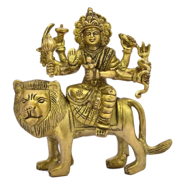 Brass Maa Durga Sitting On Lion Statue Ambaji Sherawali Navratra Murti Idol 4.9"