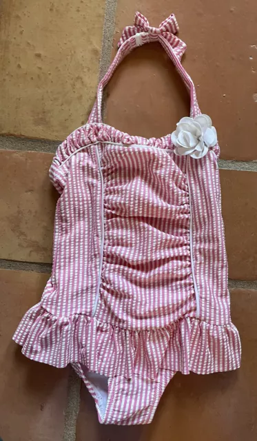 JANIE & JACK Girls Size 5 Pink White Striped RETRO Halter Swimsuit, EC