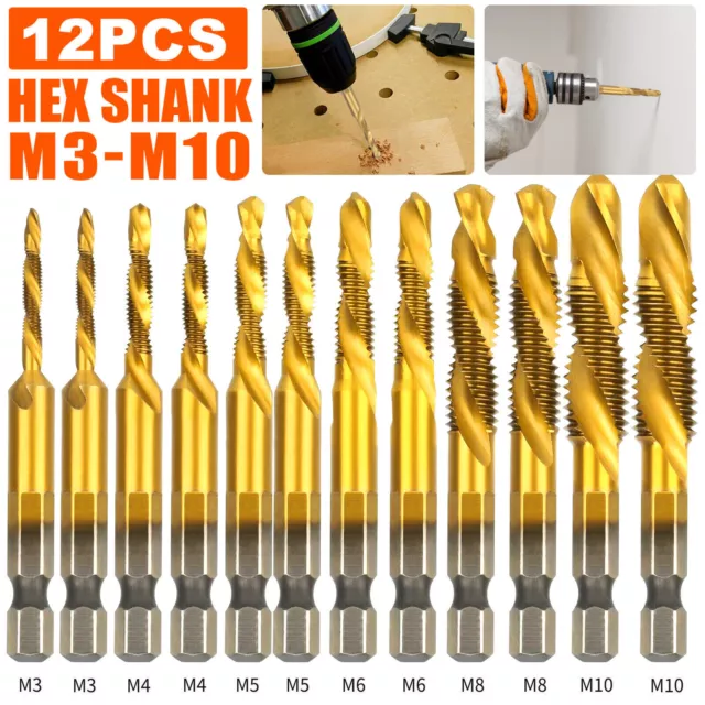 6PCS 1/4" HSS Hex Shank Titanium Plated Screw Thread Drill Bits Set M3 - M10 Tap