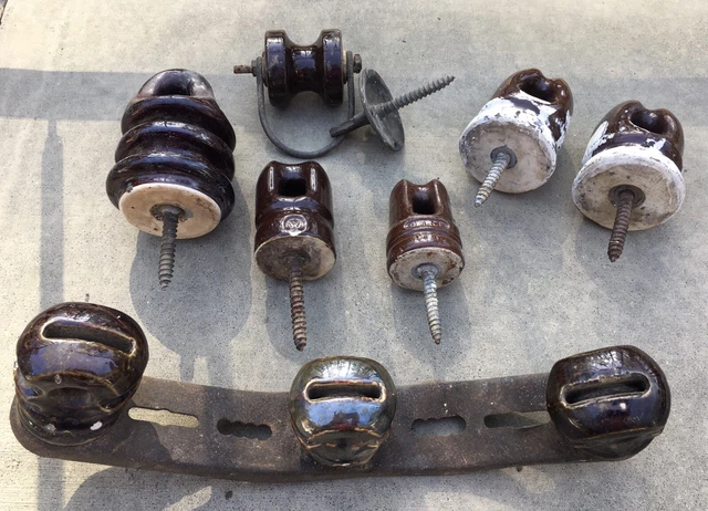 Vintage Lot of Brown Glazed Porcelain Ceramic Pole Insulators & Hardware