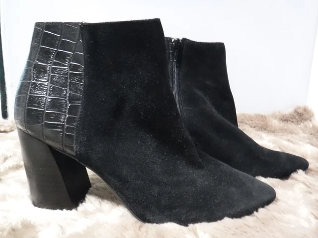 Steve Madden Sz 10 Jagat Booties Black Suede Croc Pointed Toe Chunky Heel Ankle